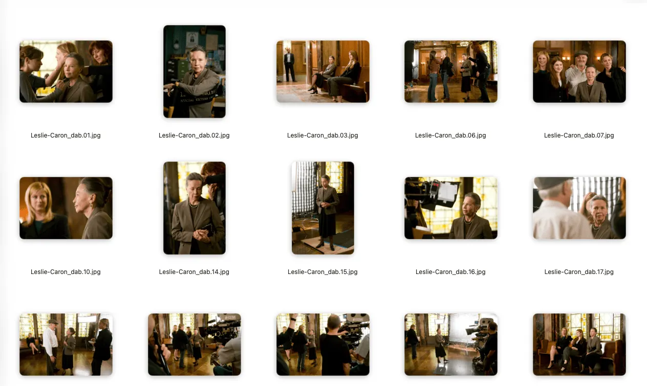 Grid of documentary photographs from a Leslie Caron shoot